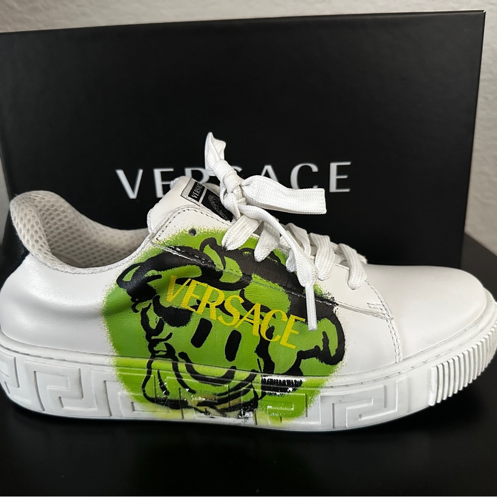 Versace White and Green Sneakers with Medusa TAG Graphic